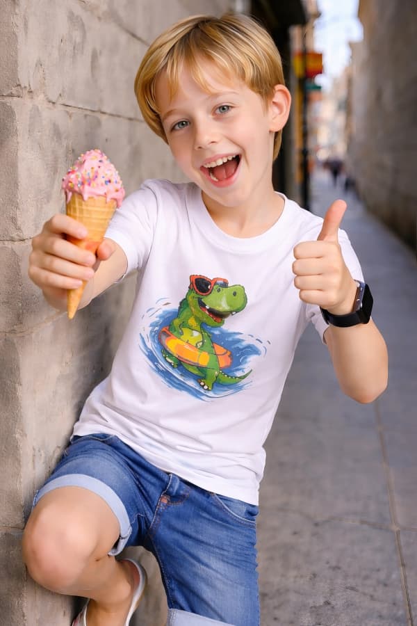 Boy eating ice cream outdoors