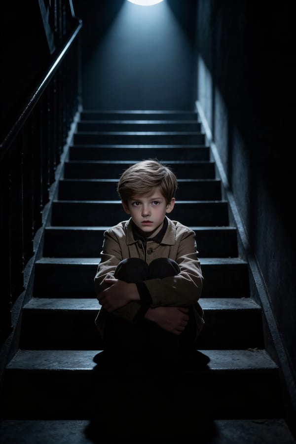 Boy sitting on dark stairs