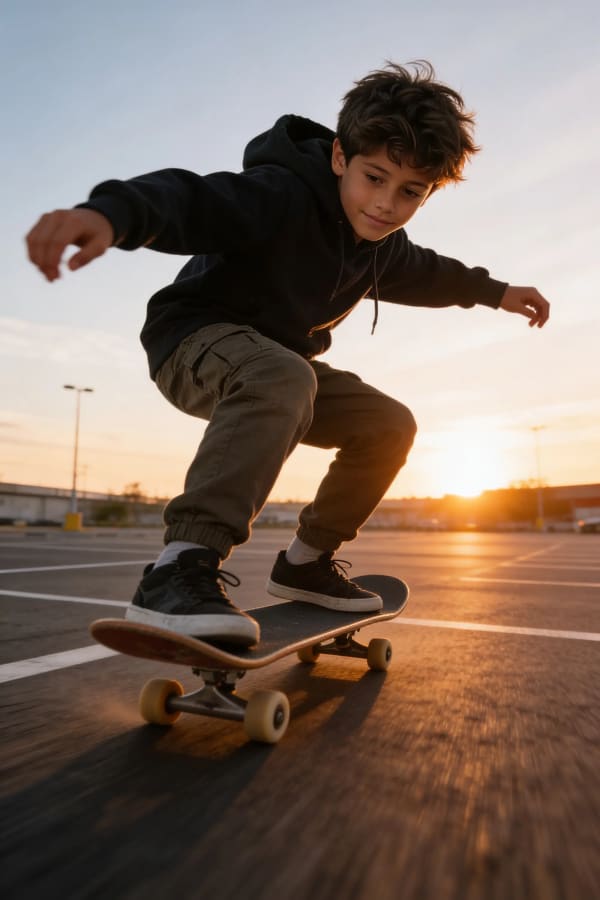 Boy skateboarding at sunset