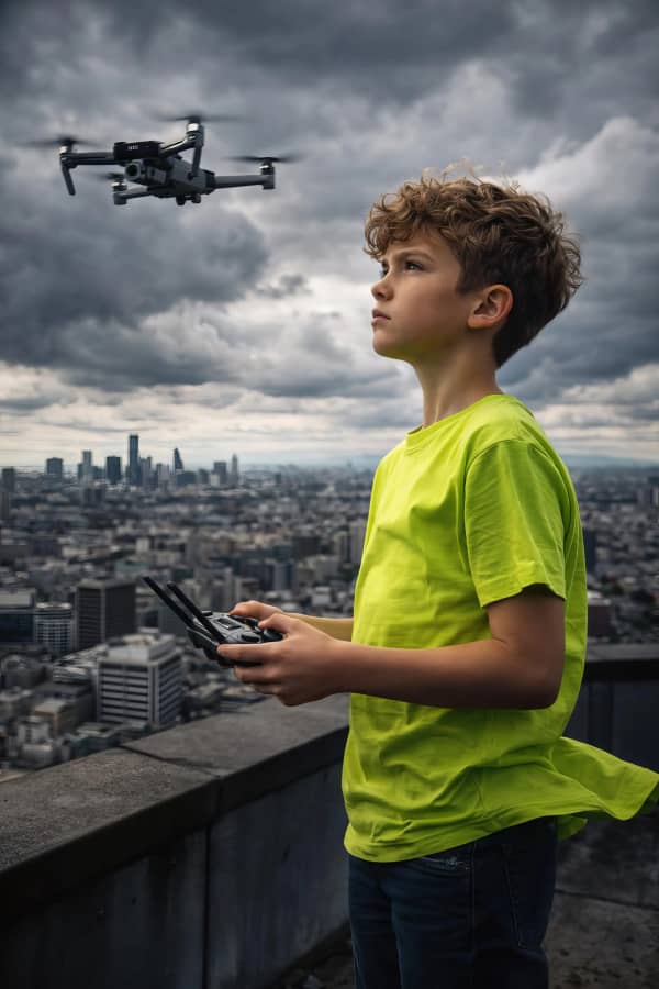 Boy flying drone on roof