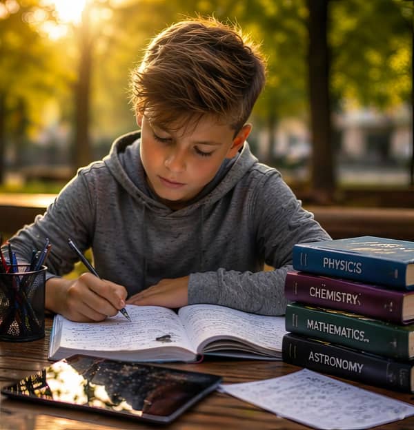 Boy reading book outdoors