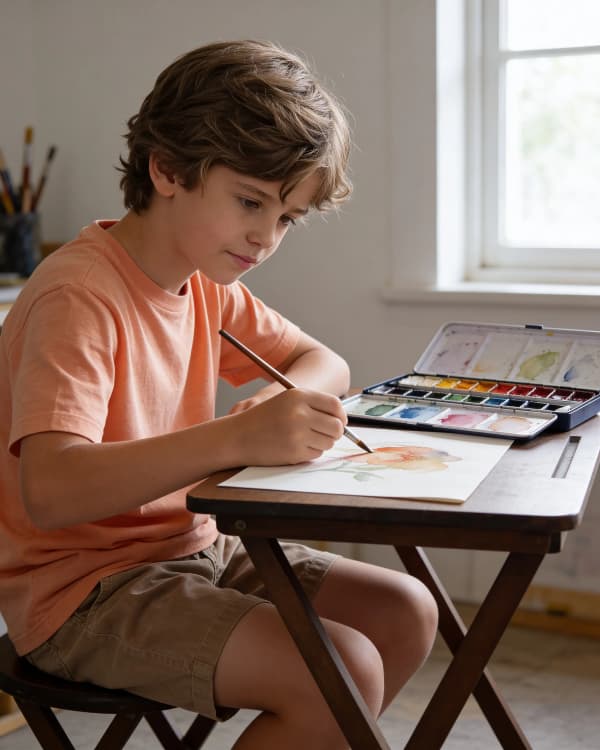Boy drawing at desk
