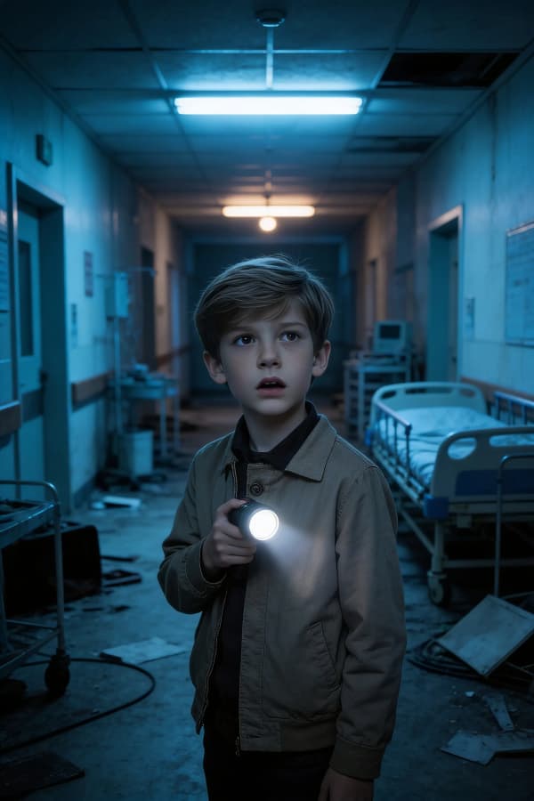 Boy with flashlight in hospital