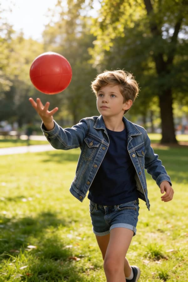 Boy jumping with red ball