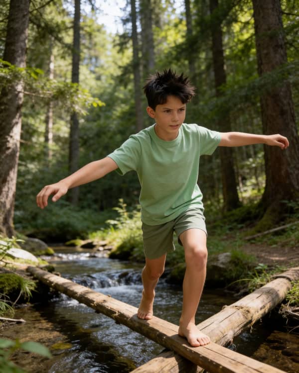 Boy balancing on log
