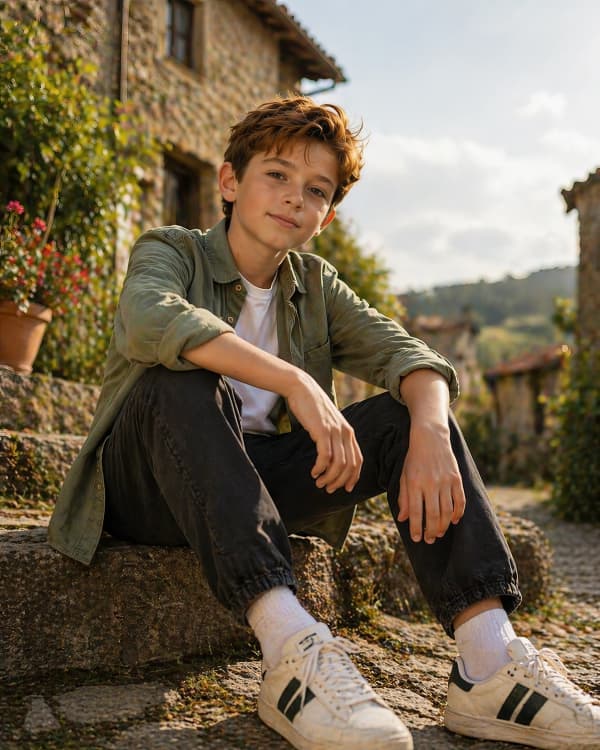 Boy sitting on village steps
