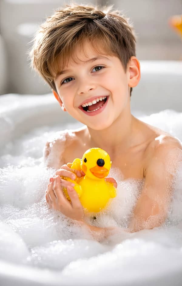 Boy taking bath with rubber duck