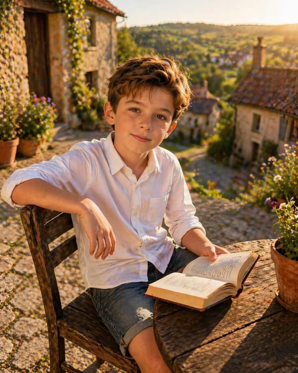 Boy reading on street