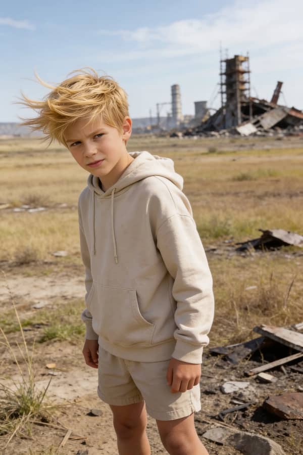 Boy in barren landscape
