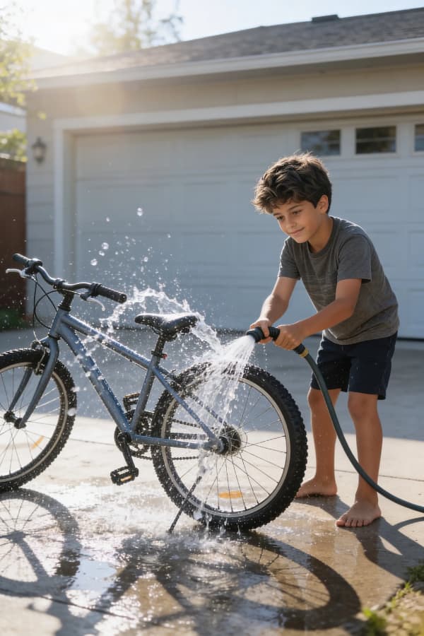 Boy washing bicycle