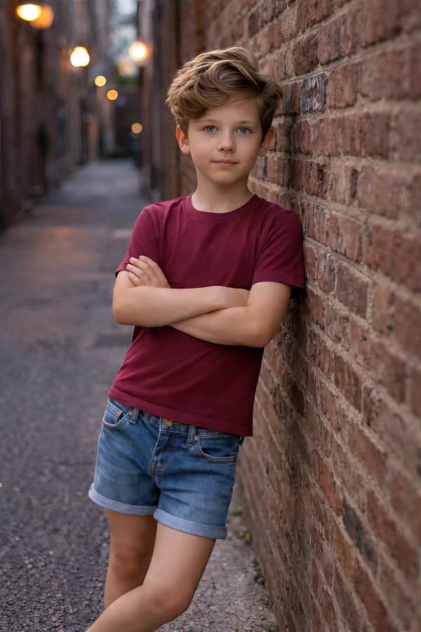 Boy leaning on brick wall