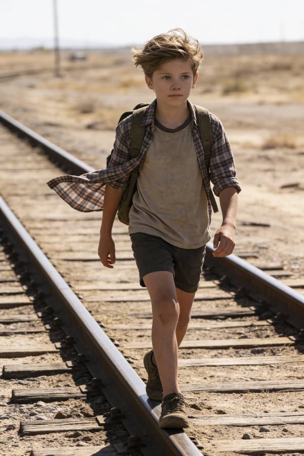 Boy walking on desert tracks