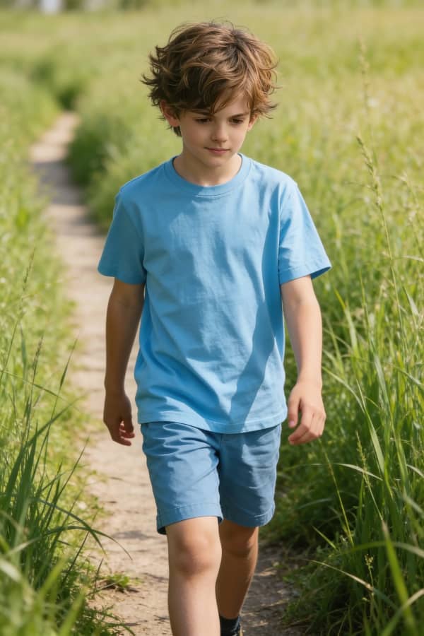 Boy walking on grass path