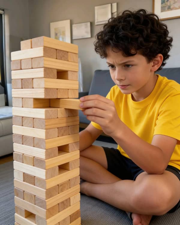 Boy playing Jenga