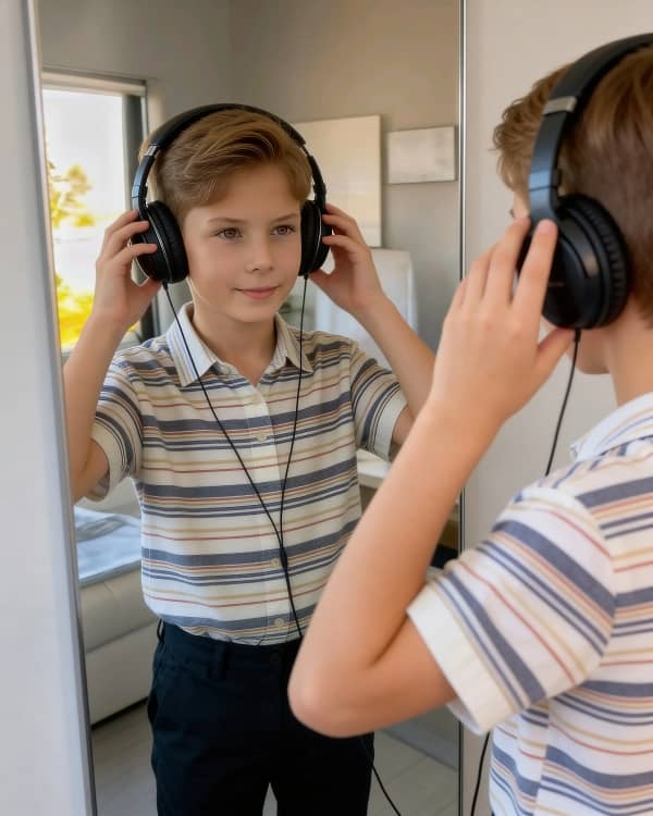 Boy with headphones in mirror