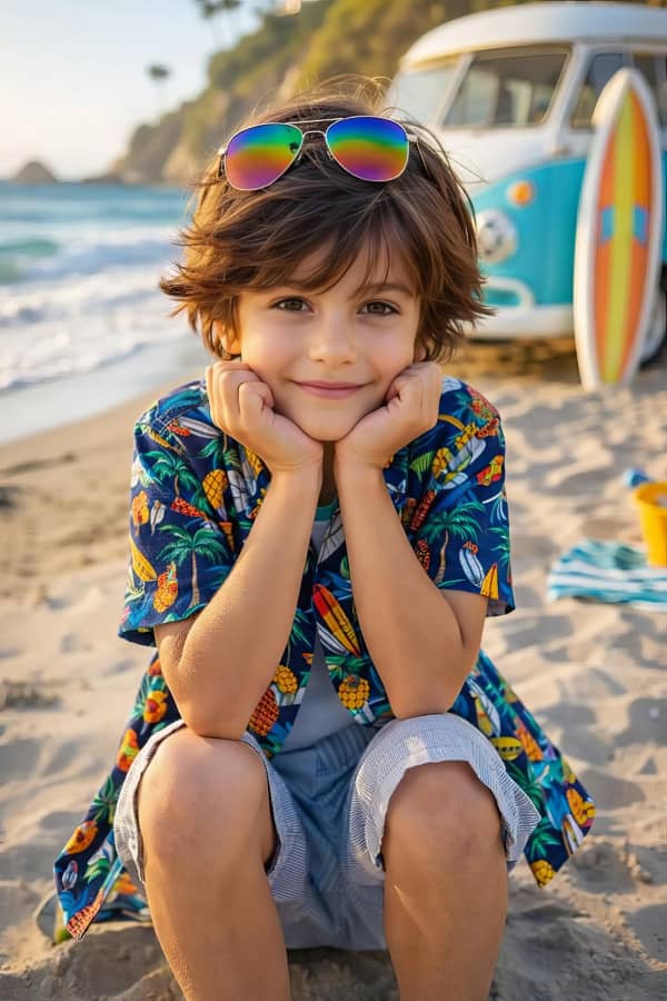Boy sitting on sunny beach