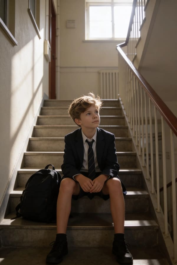 Boy sitting on stairs