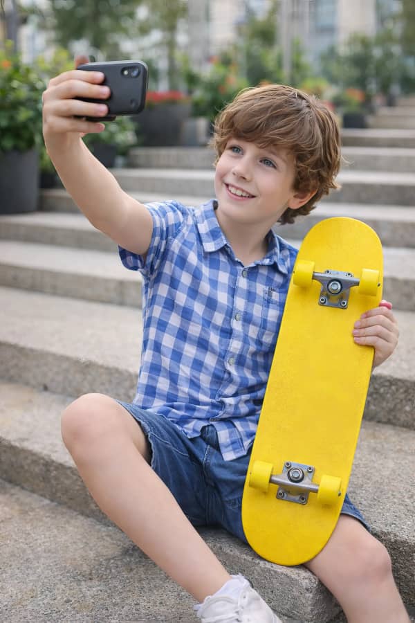 Boy holding yellow skateboard