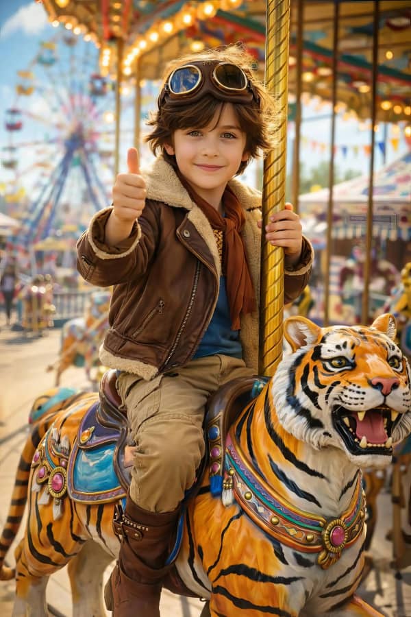 Boy riding carousel horse