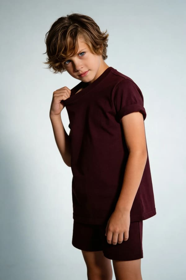 Boy adjusting shirt
