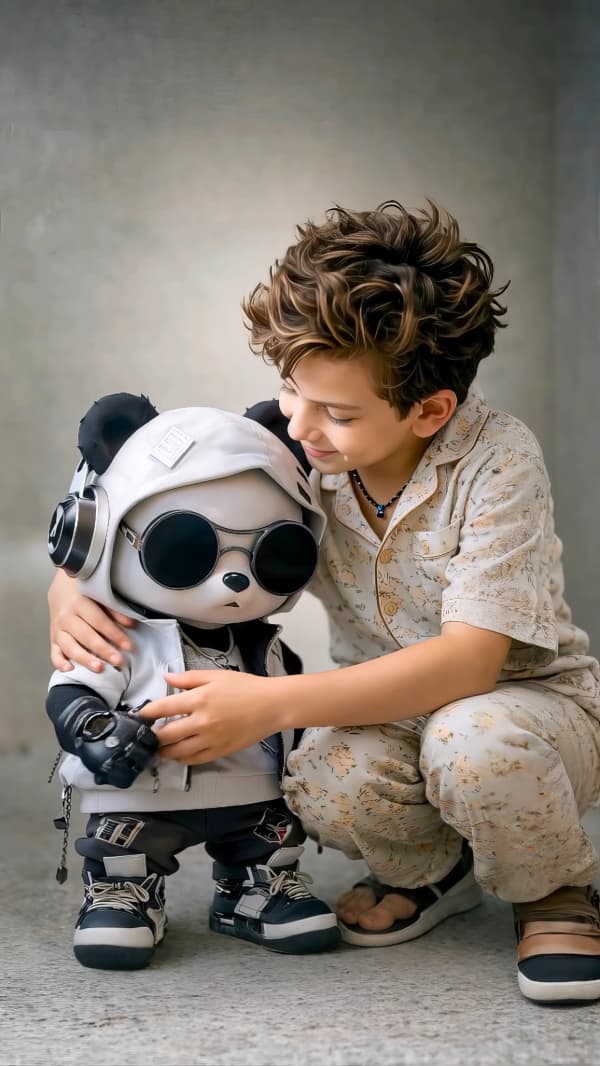 Boy playing with robot panda