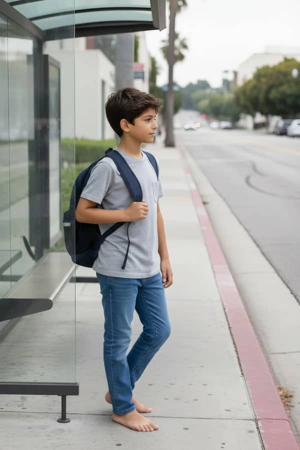 Boy with skateboard on sidewalk
