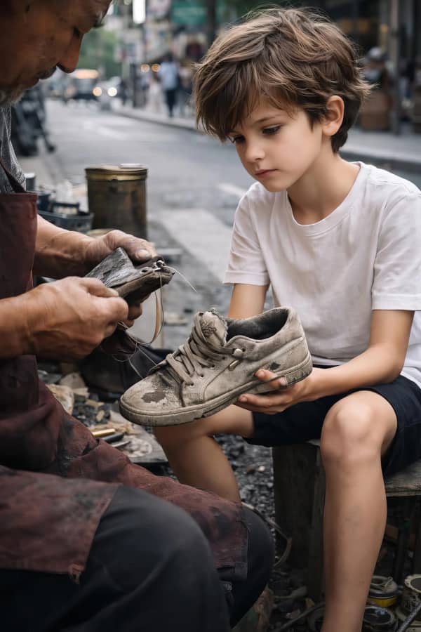 Boy getting shoe shined