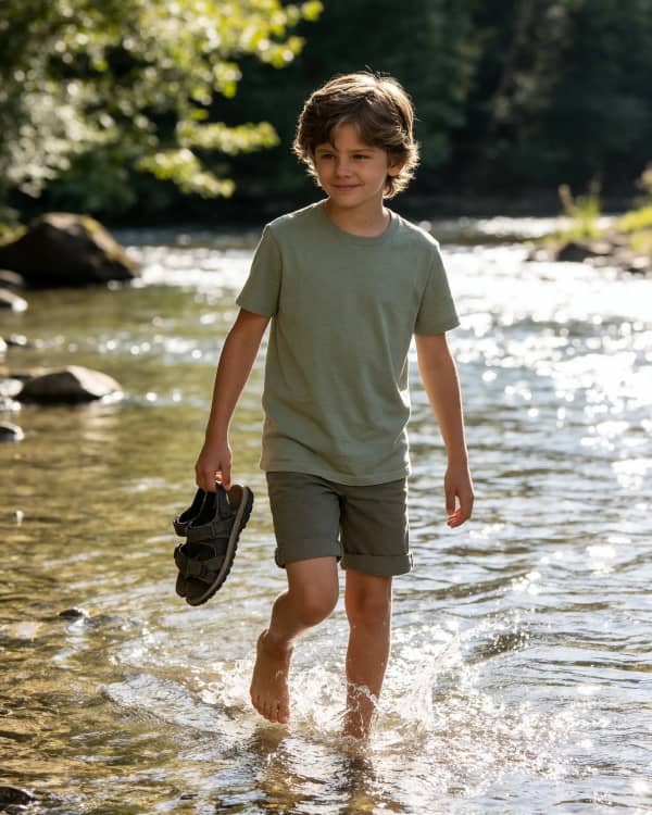 Boy walking in stream
