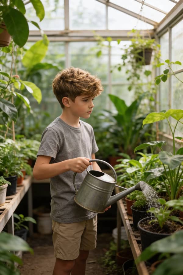 Boy watering plants