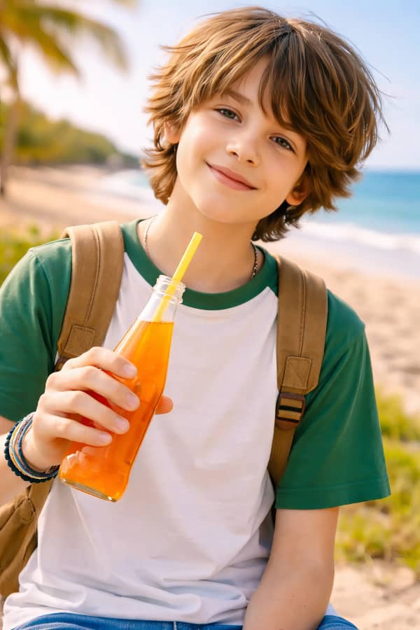Boy drinking juice outdoors