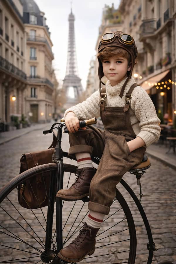 Boy with bicycle in city