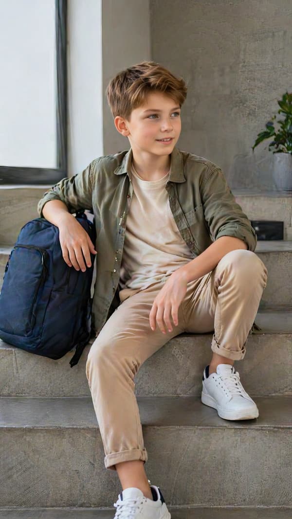 Boy sitting with backpack