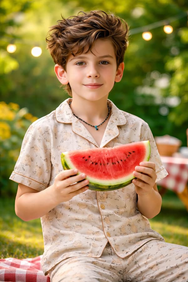 Boy eating watermelon on grass