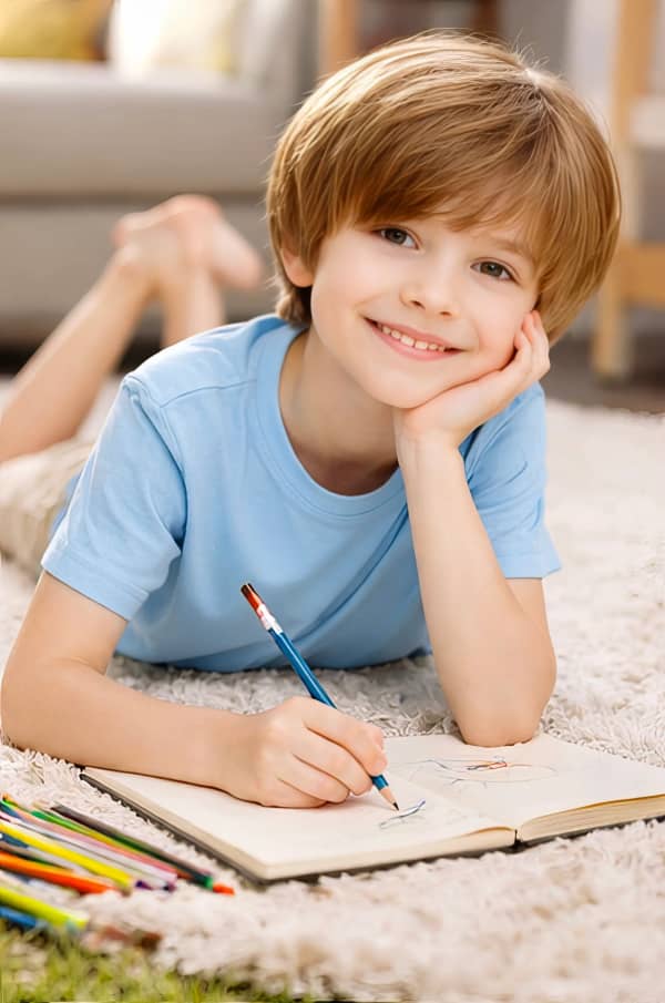 Boy laying on floor reading