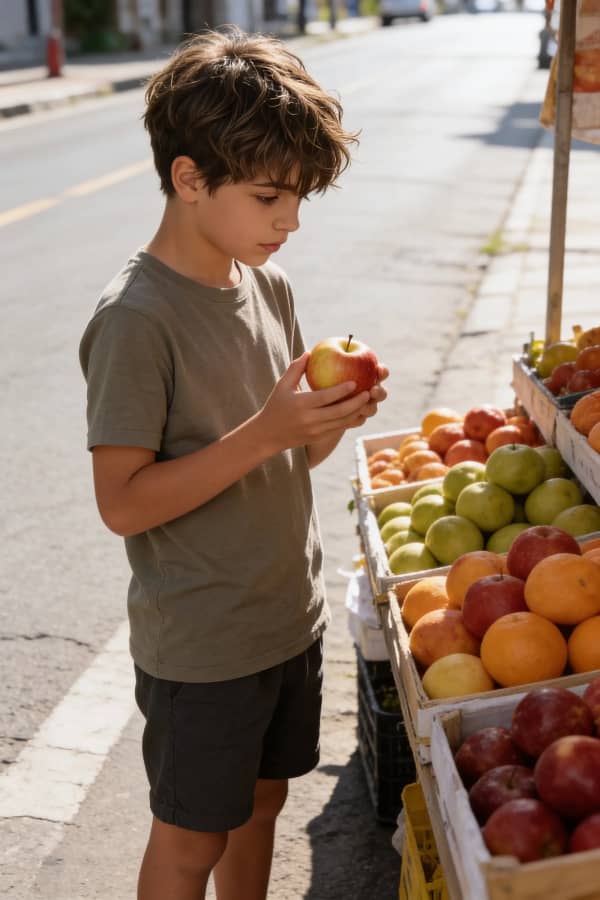 Boy looking at apples