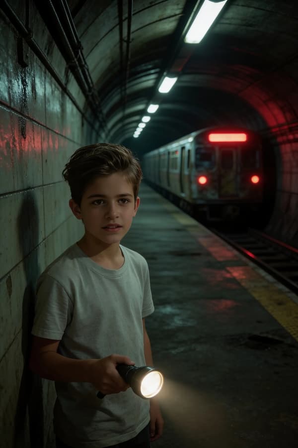 Boy in dark train tunnel