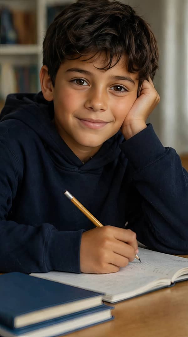 Boy reading at desk