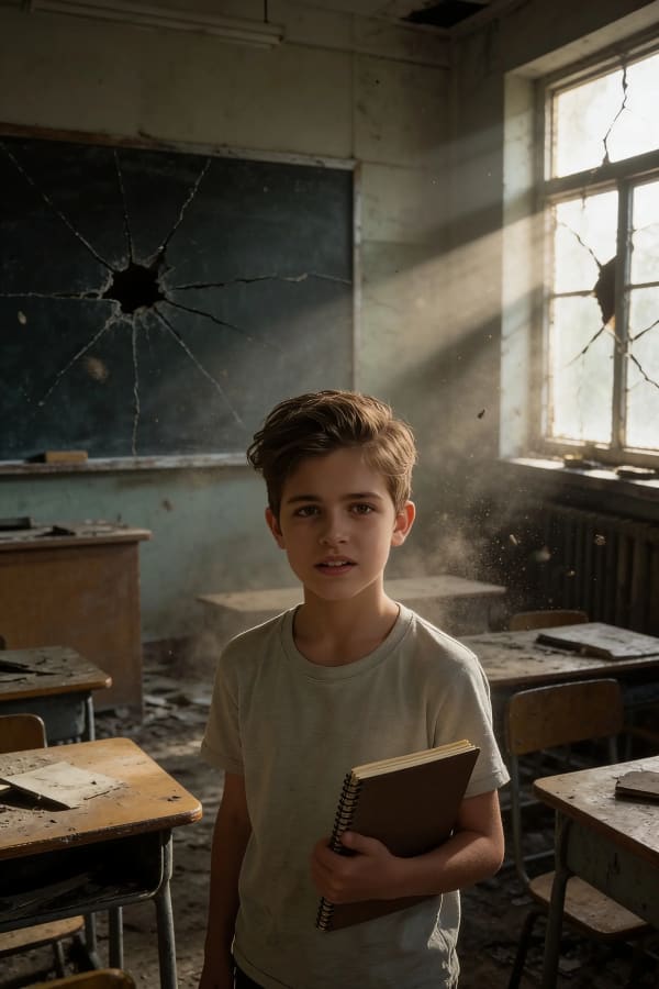 Boy in abandoned classroom