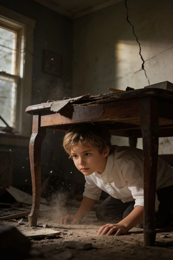 Boy hiding under table