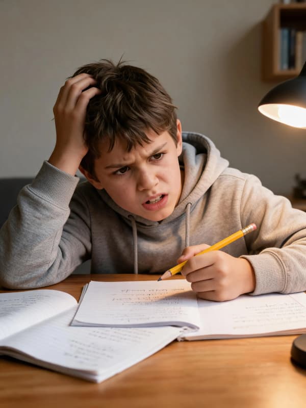 Stressed boy studying
