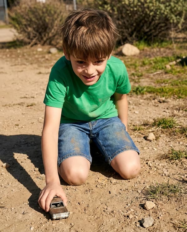 Boy playing with toy car outdoors