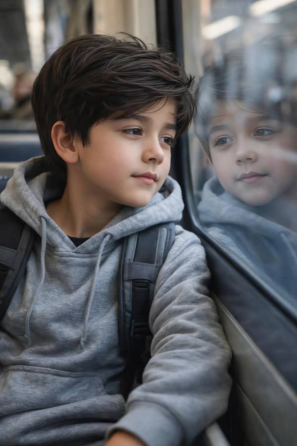 Boy looking out window