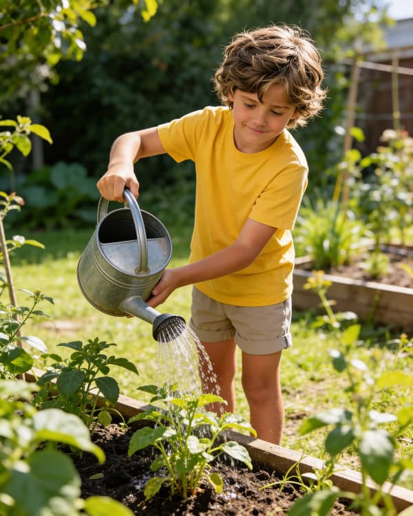 Boy watering plants
