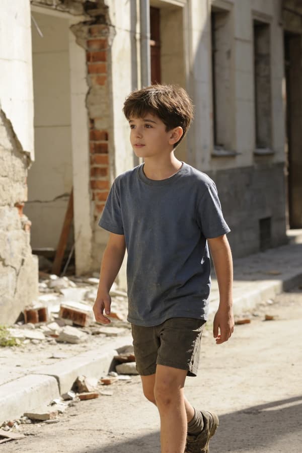 Boy walking in rubble