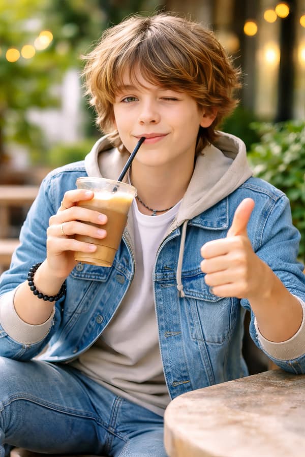 Boy drinking iced coffee with thumbs up