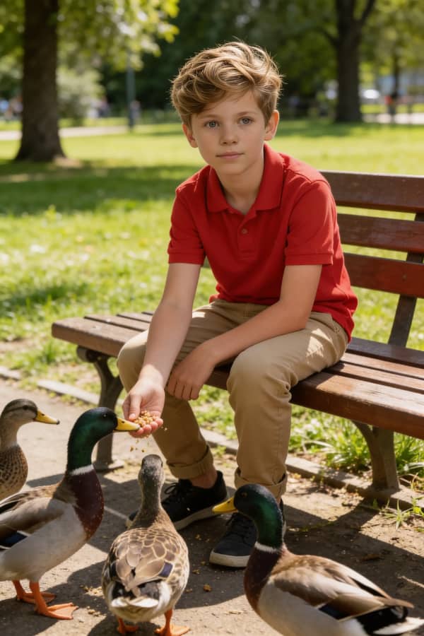 Boy reading with dog on bench