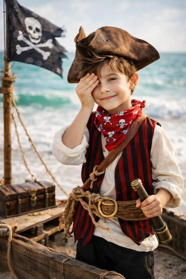 Boy in pirate costume on beach