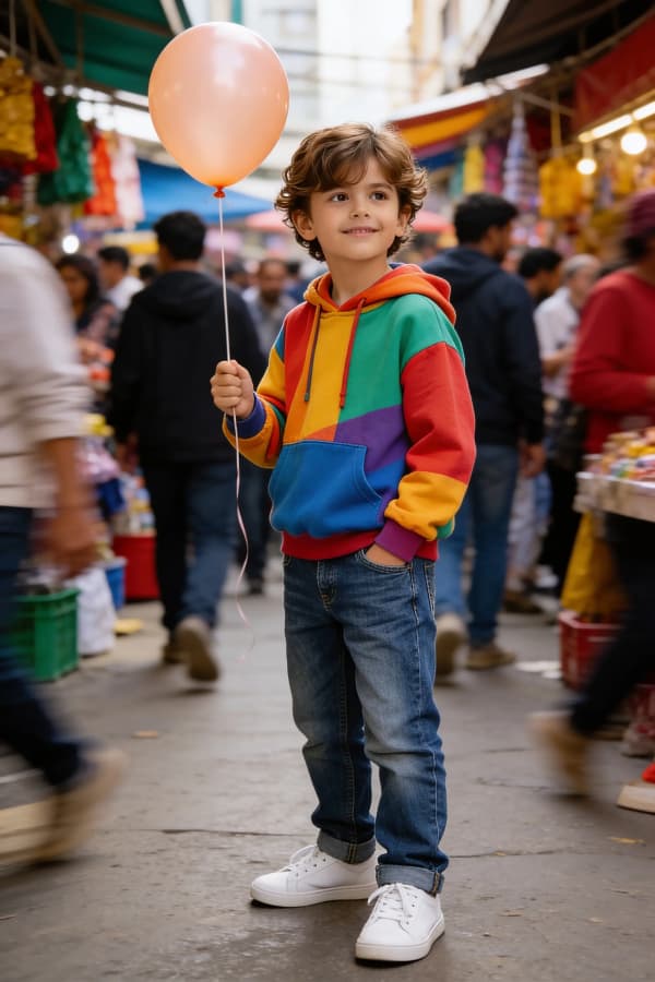 Boy on crowded city street