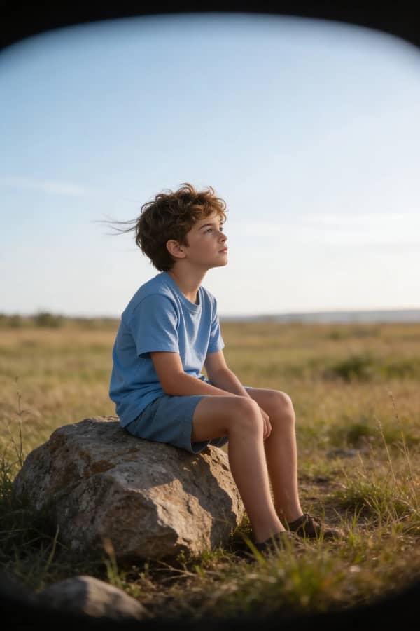 Boy sitting on rock