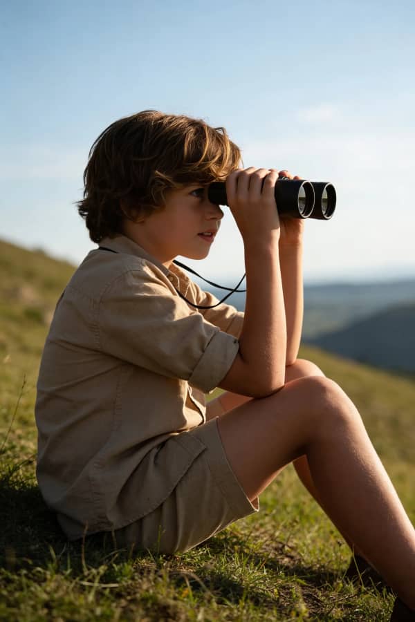 Boy with binoculars on hill